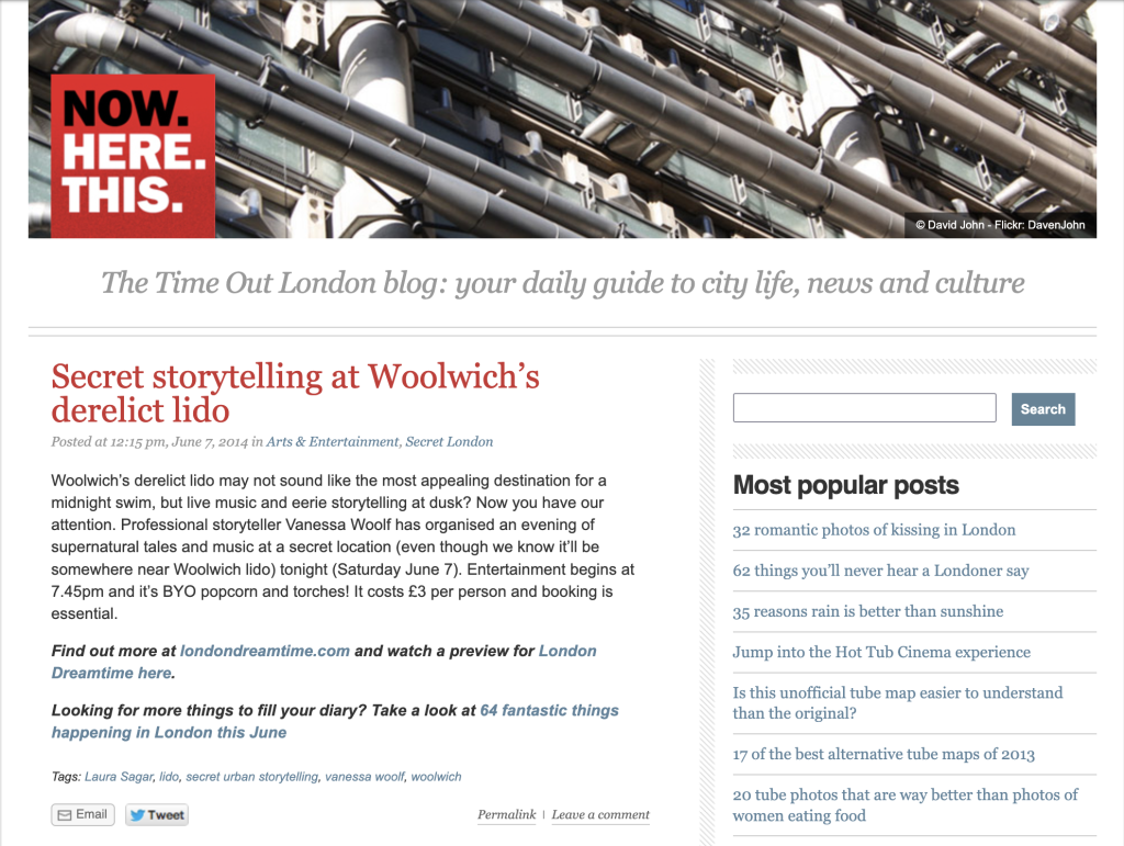 a screenshot of Time Out Blog "now Here This"
