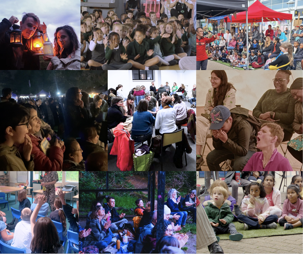 a composite photo showing different audiences of varied ages, races, styles and settings, expressing emotions of happiness, togetherness, imagining, hands up, smiling and awe.